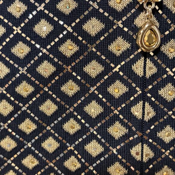 St. John Evening Black Gold Knit Jacket Zip Paillettes Rhinestone W/Scarf Sz 2 - Picture 14 of 15